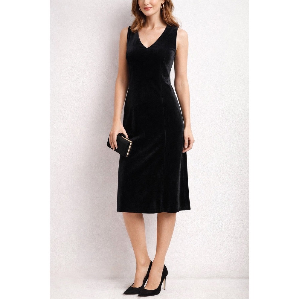 Jones New York Collection Black Velvet V-Neck Sleeveless Midi Dress Women Medium